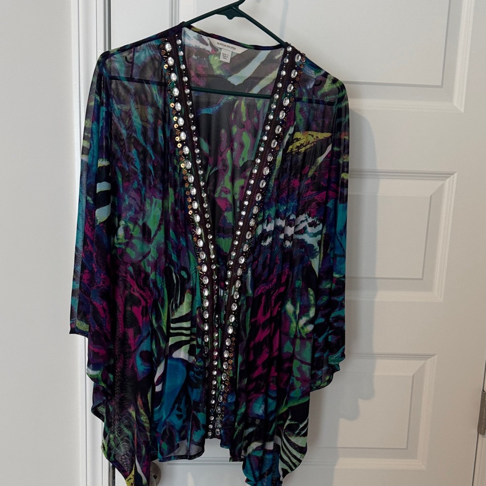 Boston Proper Sheer Beaded Multicolor Kimono Top